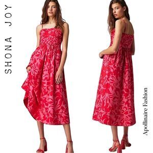 SHONA JOY ANTONIA RUCHED PANEL MIDI DRESS IN PINK RED COMBO FLORAL PRINT SIZE 12